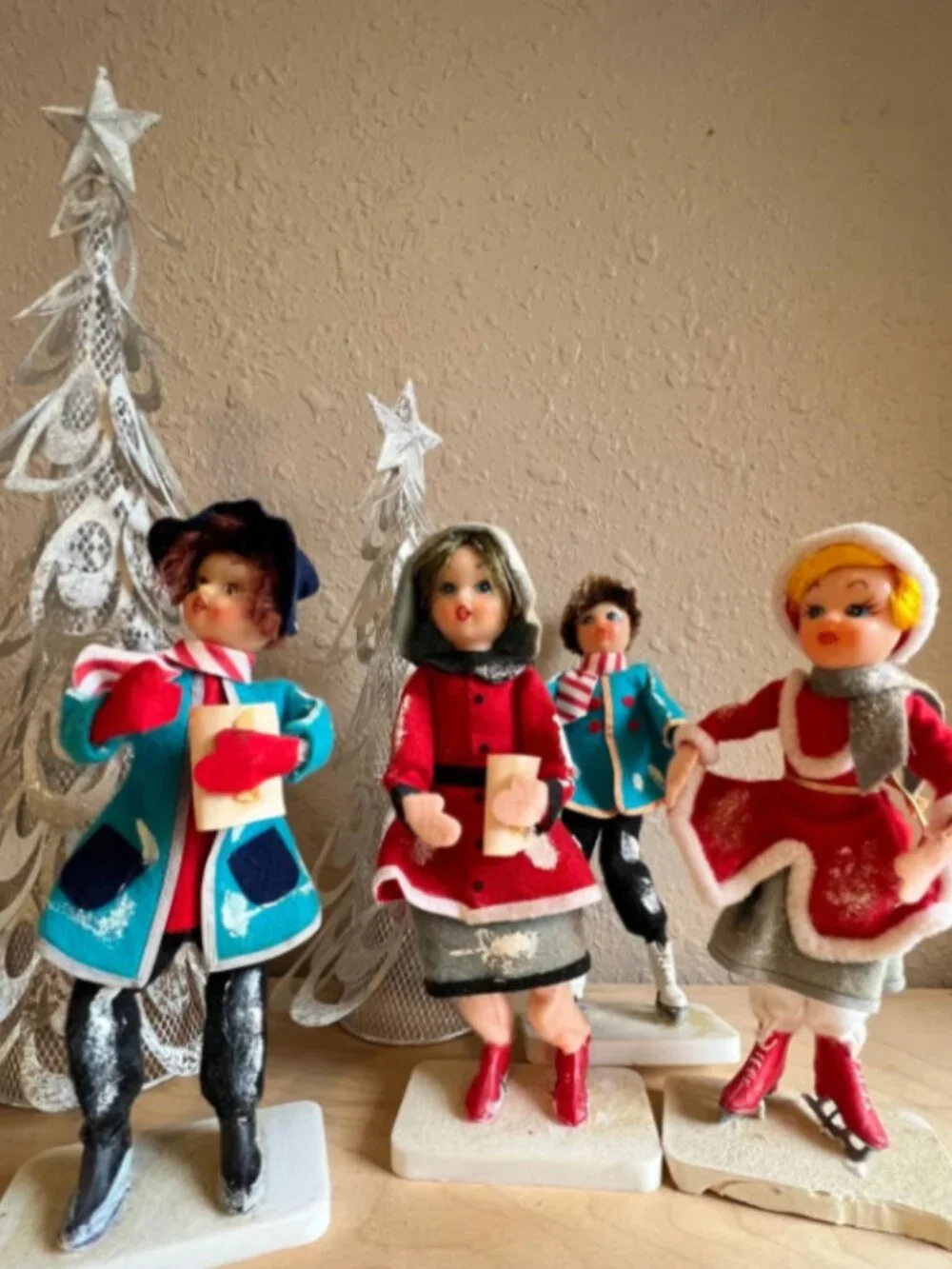 Vintage Ice Skater Dolls Christmas Felt 60s 70s Japan. Set of 4.